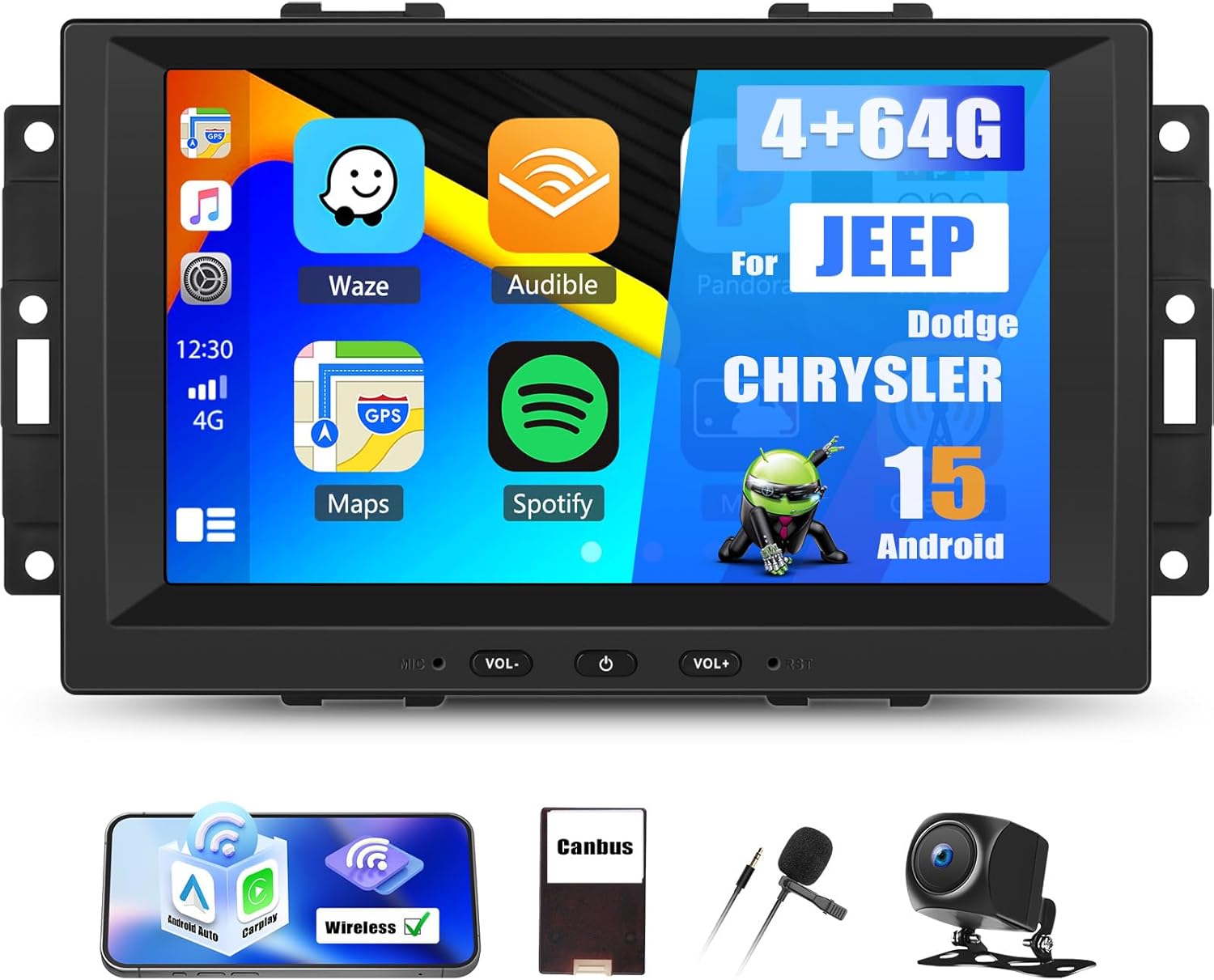 2G+64G Android 15 Car Radio for Chrysler Dodge Jeep Wrangler Grand Cherokee with Wireless Carplay Android Auto,8”Touchscreen Car Stereo Support Mirror Link WiFi/GPS Bluetooth FM RDS+Backup Camrea