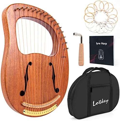 Lyre Harp, Lotkey 16 Metal Strings Iron Saddle Mahogany Lyre Harp with Tunning Wrench, Extract Strings, Manual and Gig Bag