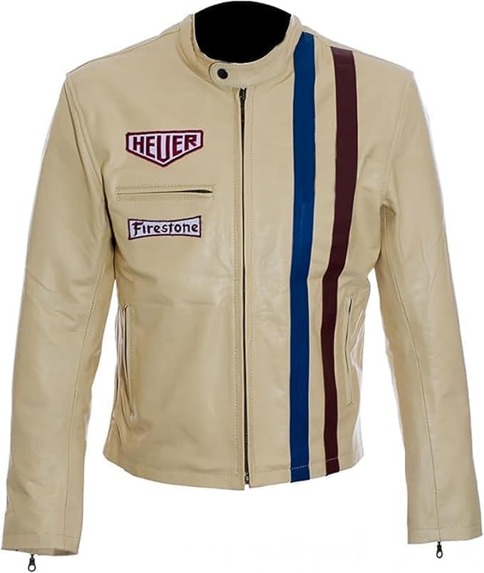 Men’s Steve McQueen Jacket Le Mans Multi Colors Gulf Stripes Racing Biker Leather Jacket