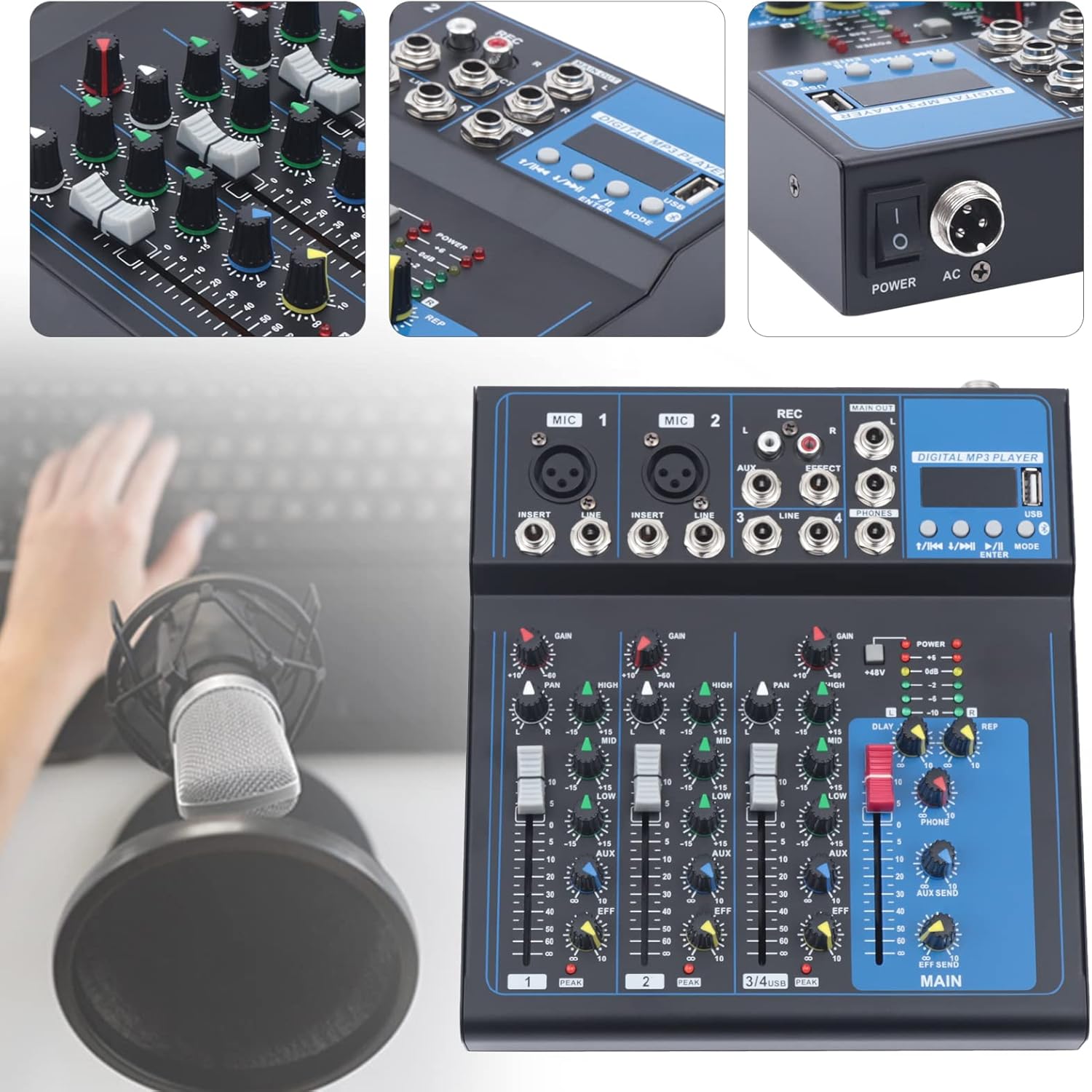 4 Channel Professional Wireless DJ Audio Mixer, USB Bluetooth Audio Stereo Speaker Home Audio Receiver Effects, 48V phantom Power for Home Theater System, Karaoke, Streaming