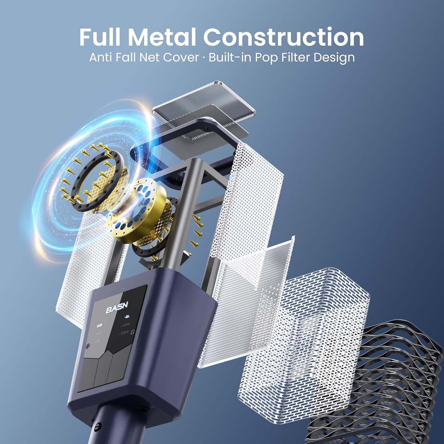 BASN BMS2 Cardioid Condenser Microphone, Large Diaphragm XLR Studio Recording Mic for Podcasting, Singing, Streaming (Blue)