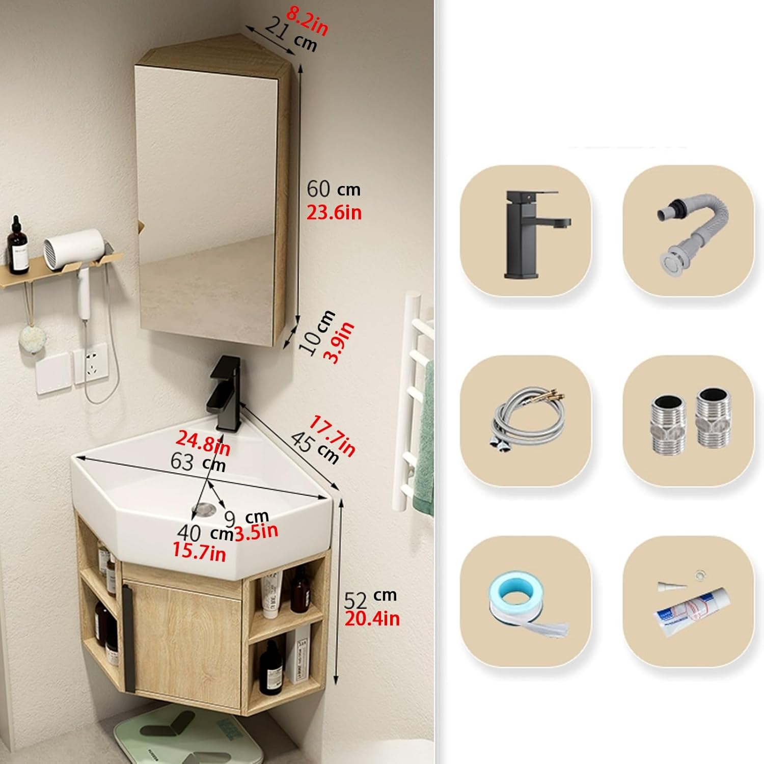 Corner Wall Mount Bathroom Sink, Corner Bathroom Vanity, Bathroom Sink Cabinets, Ceramic Corner Sink with Storage Container and Mirror Cabinet, for Kitchen Bathroom Lavatory(Gray,45cm/17.7in)