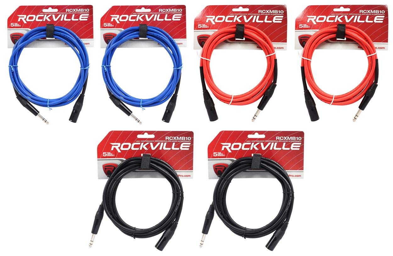 Rockville RCXMB10 10-Foot Male XLR to 1/4-In TRS Balanced Cables with REAN Connectors, 24 AWG OFC Copper Conductors, 90% Spiral Shield for EMI/RFI Rejection, Black Blue Red Color, 6-Piece