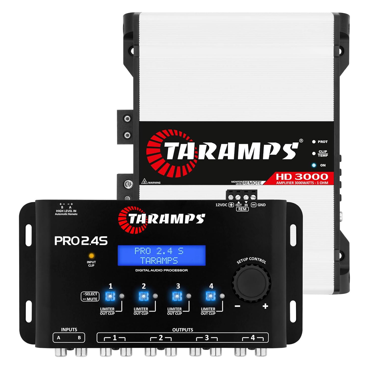 Taramps HD 3000 1 Ohm Class D monoblock car Audio Amplifier 3000 watts RMS + Taramps Pro 2.4s DSP Digital Signal Processor and Equalizer Bundle, 2-Pack
