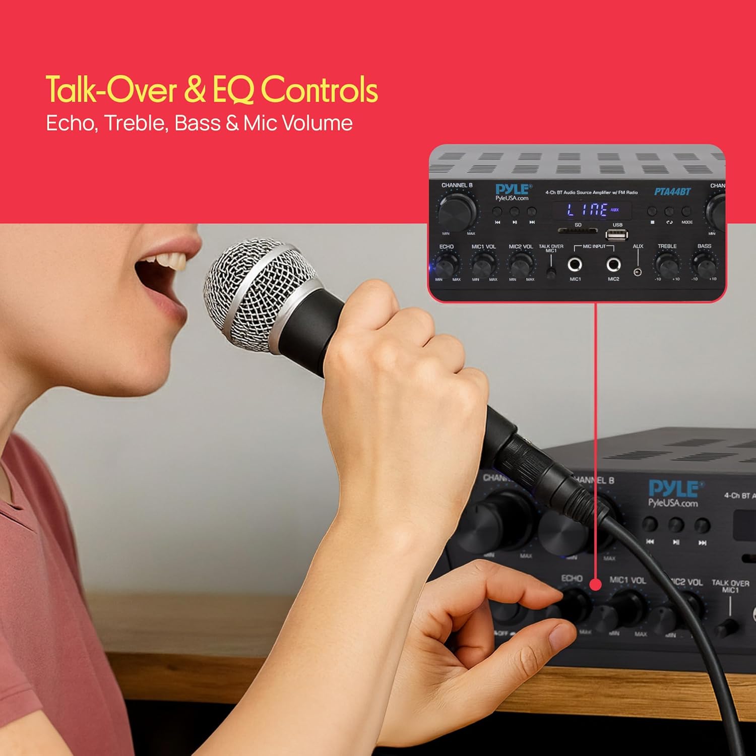 Pyle 500W 4-Channel Karaoke Bluetooth Amplifier / Home Stereo Receiver for Wireless Music Streaming - with AUX - FM - RCA - Sub Out - USB - A / SD MP3 Player - Mic Input with Echo, Vol, Talk-Over