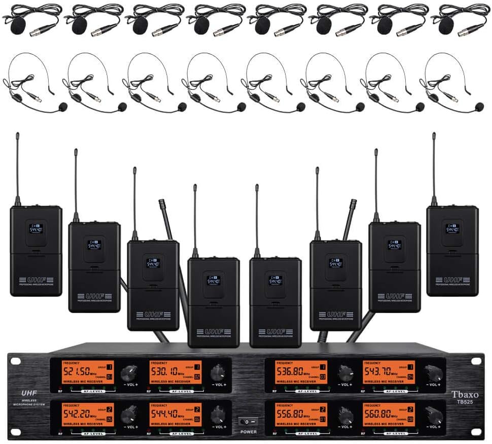 Wireless Microphone System Pro Audio 8 Channel UHF 8 Lavalier Bodypacks 8 Lapel Mic 8 Headsets for Karaoke System Meeting Church Speaking Conference Wedding Party Frequency B