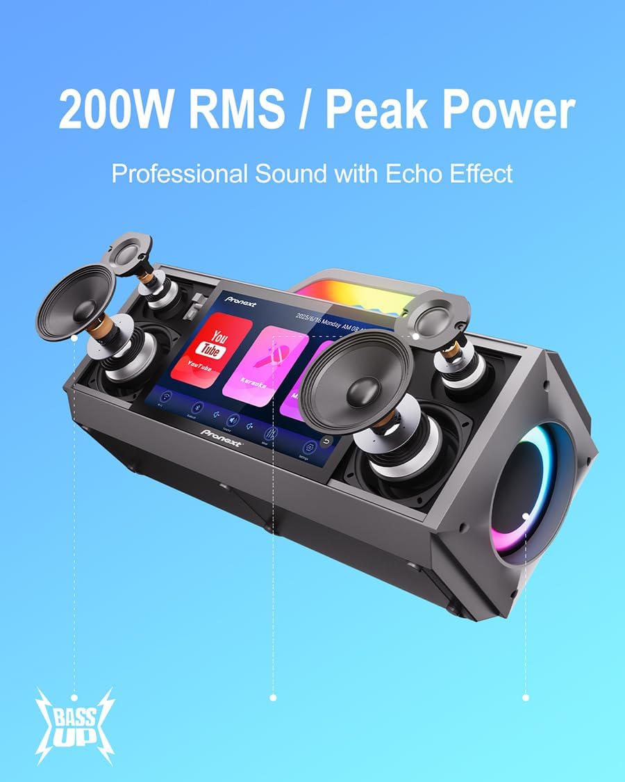 Pronext Karaoke Machine with Lyrics Display for Adults Kids, 200W Sound, 10 Inches Touch Screen, 2 Wireless Microphones, Portable Karaoke PA System, Connects to TV for Home, Party, or Backyard