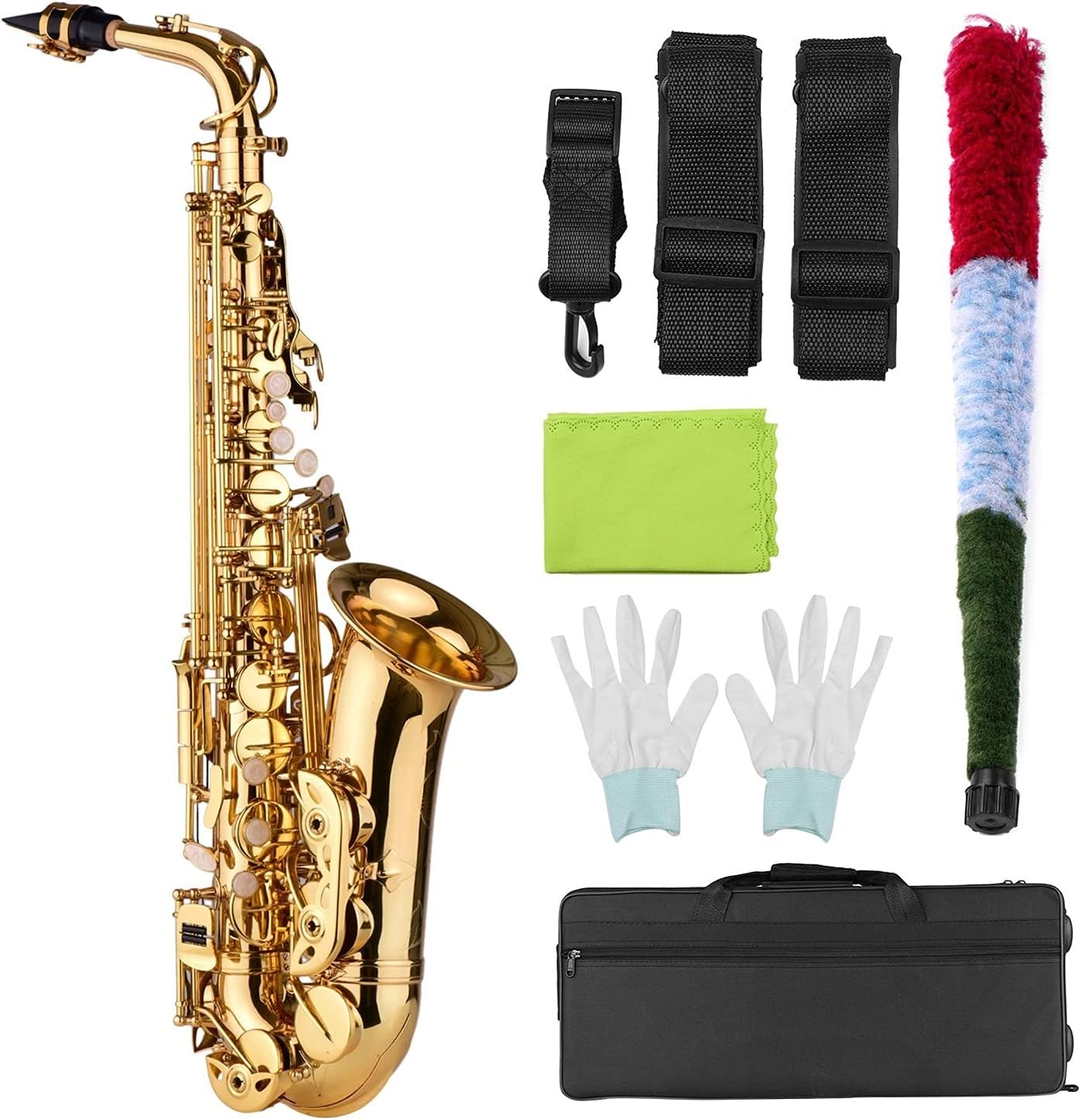 Sax Beginners Kit EB Alto Saxophone Brass Lacquered Gold E Flat Sax 82Z Key Type with Cleaning Brush Cloth Gloves Strap Padded Case Bb/EB Wind Instrument (Color : Gold EB)