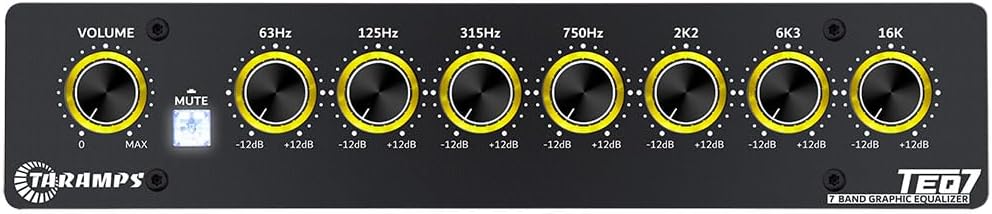 Taramp's TEQ 7 Stereo 7-Band Graphic Equalizer RCA Input 2 Channels HPF and LPF Filters Mute Function Car Audio Mixer Equalizer EQ, Best Control for Car, Boat, Motorcycle - TEQ7 Yellow