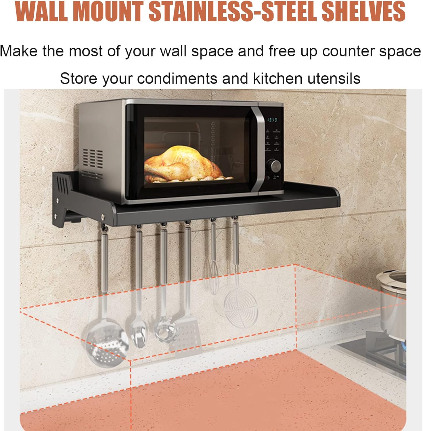 Commercial/Household Wall Mount Bracket Metal Shelving, Kitchen Spice Rack Microwave Oven Shelf with Hooks, Multifunctional Storage Stand Holder, Bathroom Organizer Shower Caddy Storage