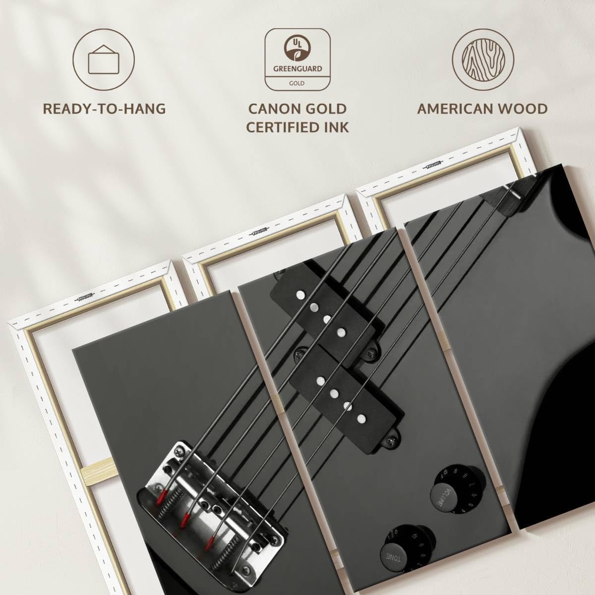 ElephantStock - Bass Guitar Wall Art - Horizontal Multi Panel Canvas - 3 Piece Living Room Wall Decor - Photography Music Multi Piece Wall Art - Gray And Black Decor - 74