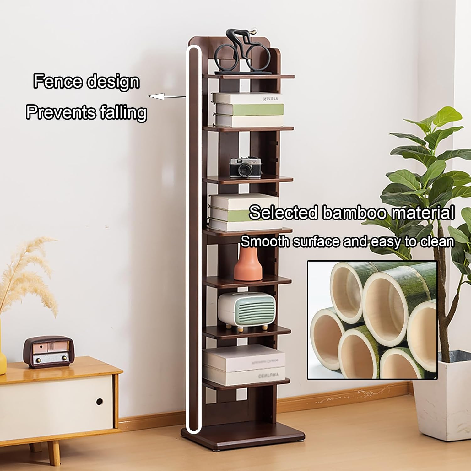 Vertical Bookshelf, Bamboo Narrow Spine Bookcase, Corner Standing Shelf, Height Adjustable Storage Shelf for Living Room, Office, Study Room, Bedroom(126.5 * 55.5cm/49.8 * 21.8in)