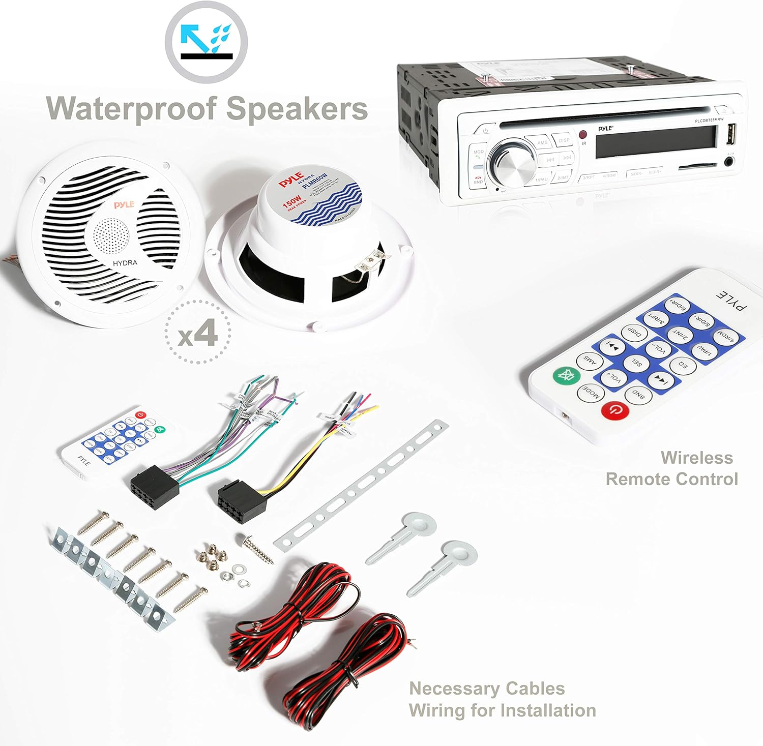 Pyle Marine Stereo Receiver Speaker Kit - In-Dash LCD Digital Console Built-in Bluetooth & Microphone 6.5” Waterproof Speakers (4) w/ MP3/USB/SD/AUX/FM Radio Reader & Remote Control -PLCDBT85MRW