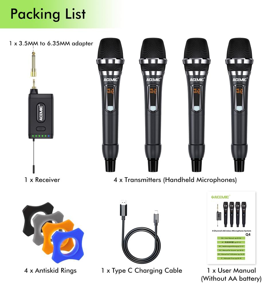 UHF Wireless Microphone System 4-Channel Cordless Mic with 4 Handheld Dynamic Microphones for Church, Speech, Weddings, Karaoke Machine, Q4