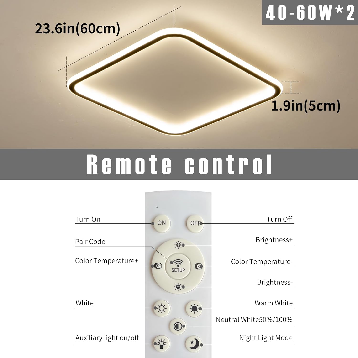 Modern Ceiling Lights，23.6 Inch Flush Mount CeilingLight, Square LED Ceiling Light Fixtures, Thin Modern CeilingLamp, Close to Ceiling Lights for Bedroom, Living Room, 3 Color Temperature Selectable
