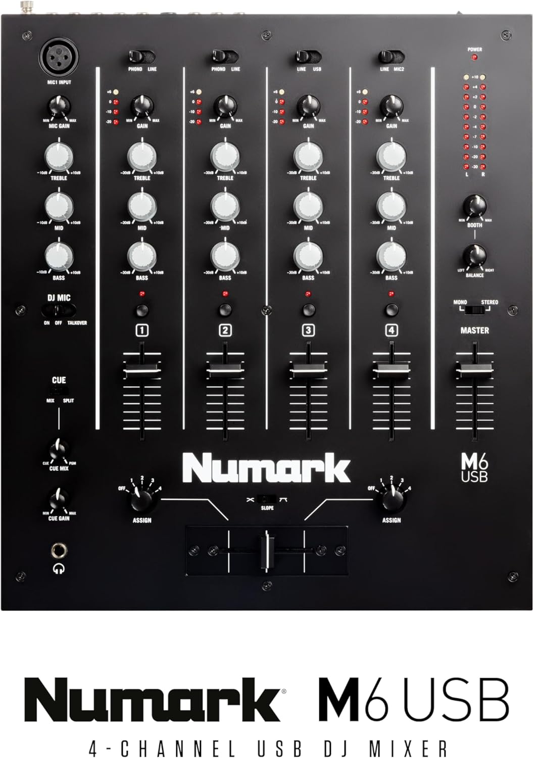 Numark M6 USB - 4-Channel DJ Mixer with Built-In Audio Interface, 3-Band EQ, Microphone Input and Replaceable Crossfader with Slope Control