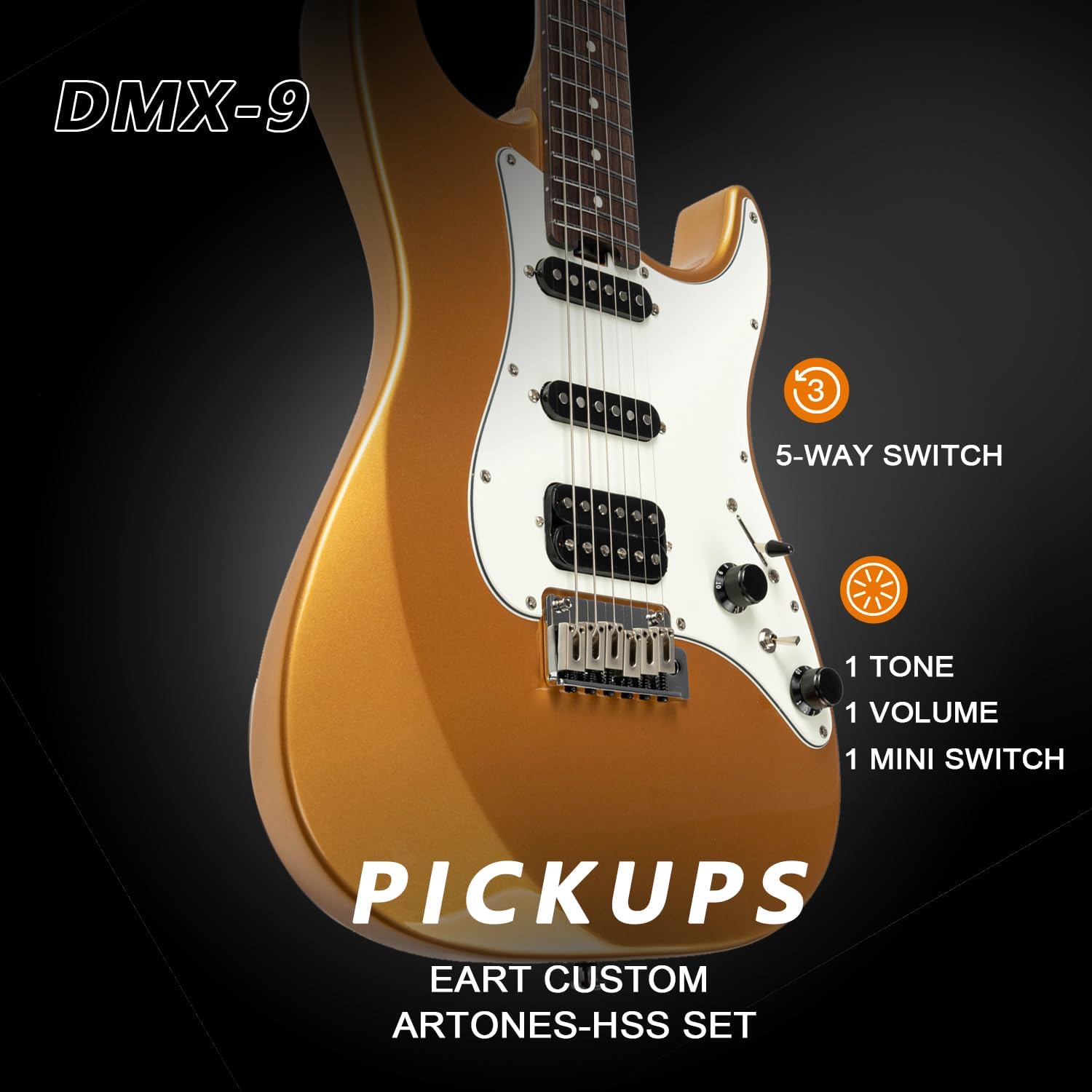 EART Electric Guitar DMX-9, 6 String Tremolo Bridge, Humbucker Pickups, Solid Body, 5-Way Switch Guitars (Gold)