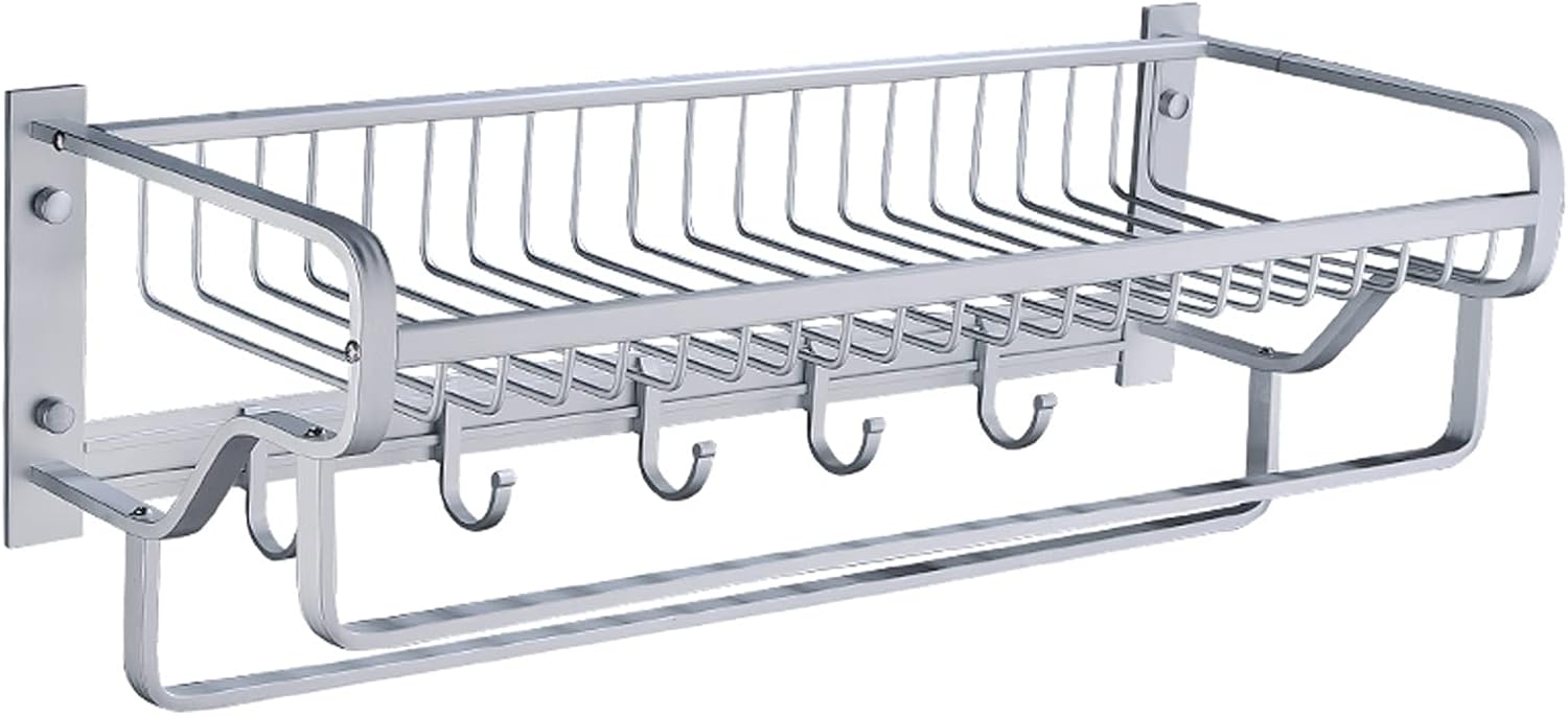 Bathroom Shelf Bathroom Lavatory Towel Rack Towel Shelf with Two Towel Bars Wall Mount Holder，Silver Bathroom Shelves Wall Mounted Floating Shelves/Shower Rack (Size : 57 cm Long)