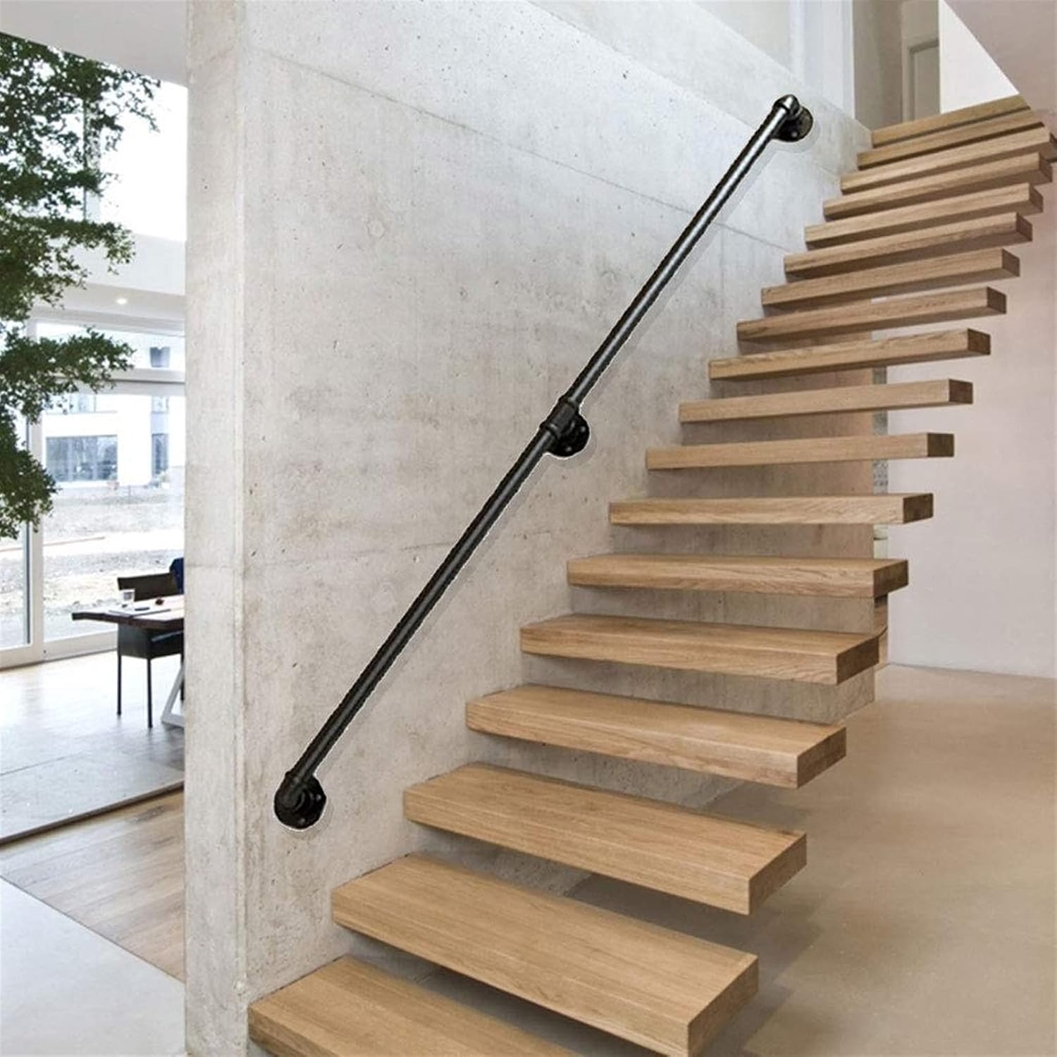 Industrial Pipe Handrail Kit 1ft-20ft, Metal Staircase Handrail Iron Pipe Baluster Stair Hand Railing for Indoor & Outdoor Wall Mount Support, Stairs Porch Deck Hand Rail, Round Corner (Size : 12ft/3