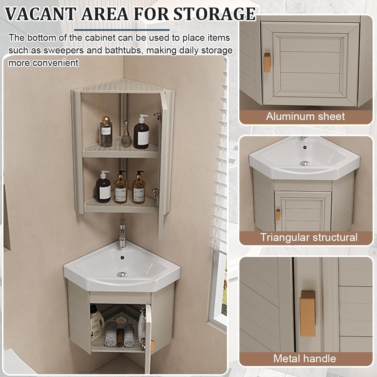 Ceramic Bathroom Corner Sinks, Small Bathroom Sink Wall Mount Bathroom Corner Sinks, Wall Cabinet With Utility Sink Set, For Small Space, Single-apartment(White,38cm)