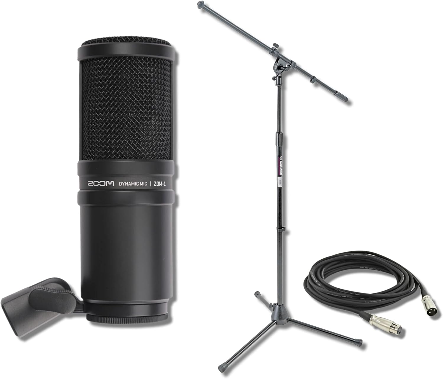 Zoom ZDM-1 Dynamic Podcasting Microphone with On-Stage Stands MS7701B Tripod Mic Stand and XLR Cable