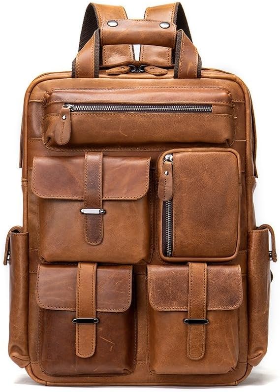 Genuine Leather Backpack for Men Vintage 15.6 Inch Laptop Bag Multi-Pocket Travel Rucksack Casual Daypack Gift Box (Brown)