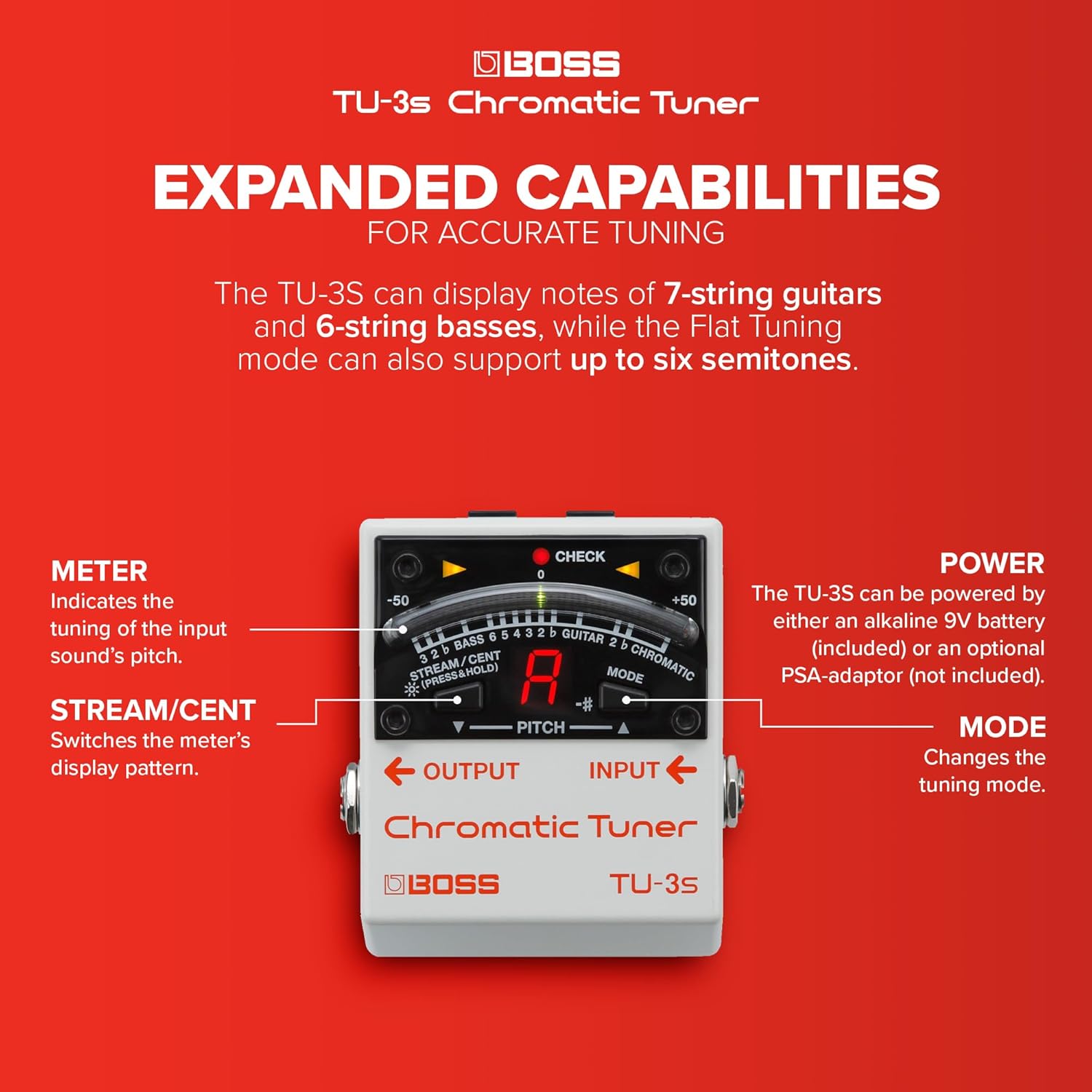 BOSS TU-3S Compact Chromatic Tuner for your Pedalboard | Industry-Standard Performance in a Tiny Footprint | Rock-Solid Tuning for Guitar and Bass | 21-Segment LED Meter | Accu-Pitch Sign Function