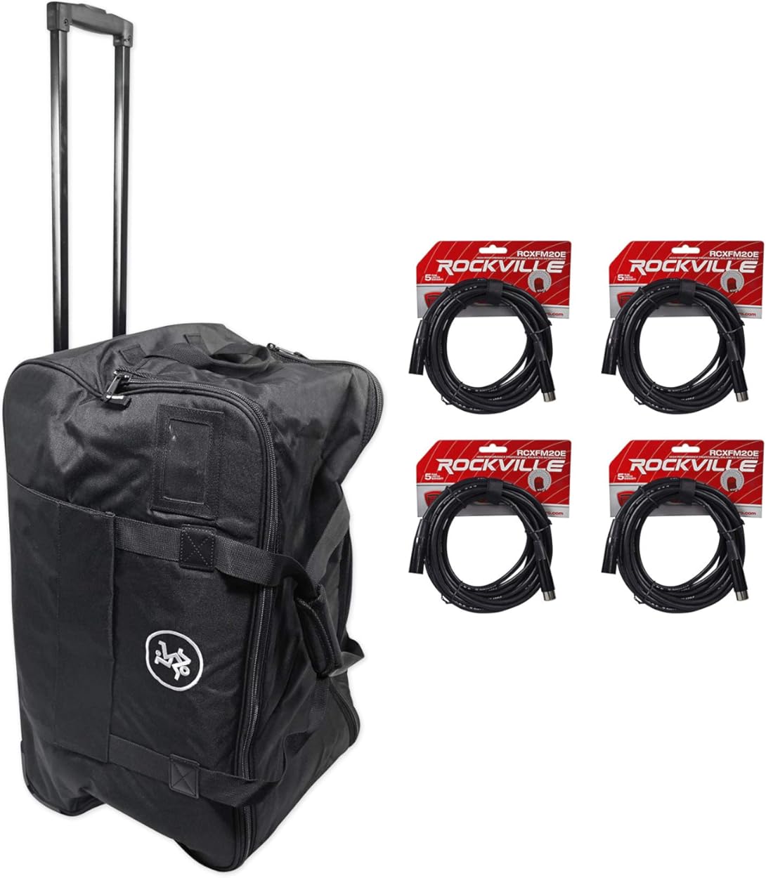 Rockville RCXFM20E-B 20 Foot Female to Male XLR Mic Cable Black 100% Copper Bundle with Mackie Water-Resistant Rolling Speaker Bag Carry Case for Thump12A & Thump12BST