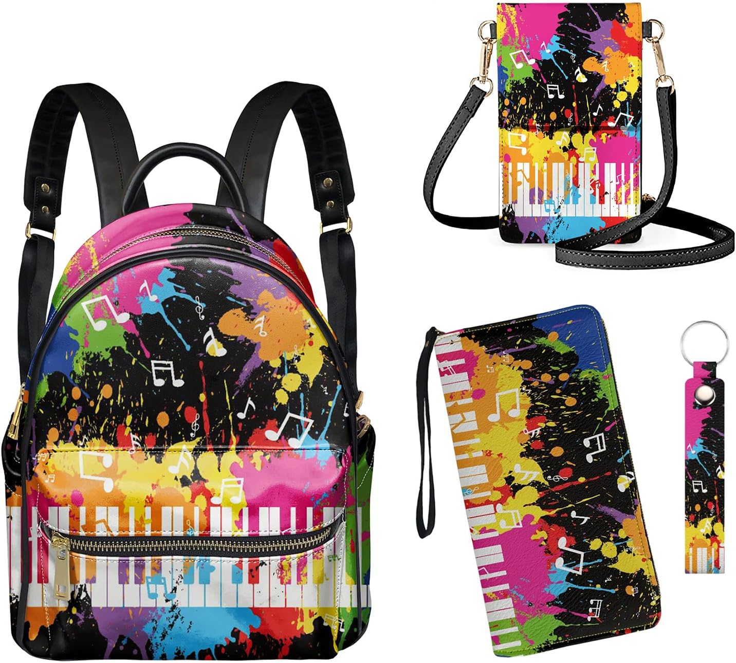 GLENLCWE Splatter Tie Dye Music Piano Women's 4Piece Mini Leather Backpack Purse with Matching Wallet and Phone Bag Key Chain,Travel Anti Theft Backpack for Ladies