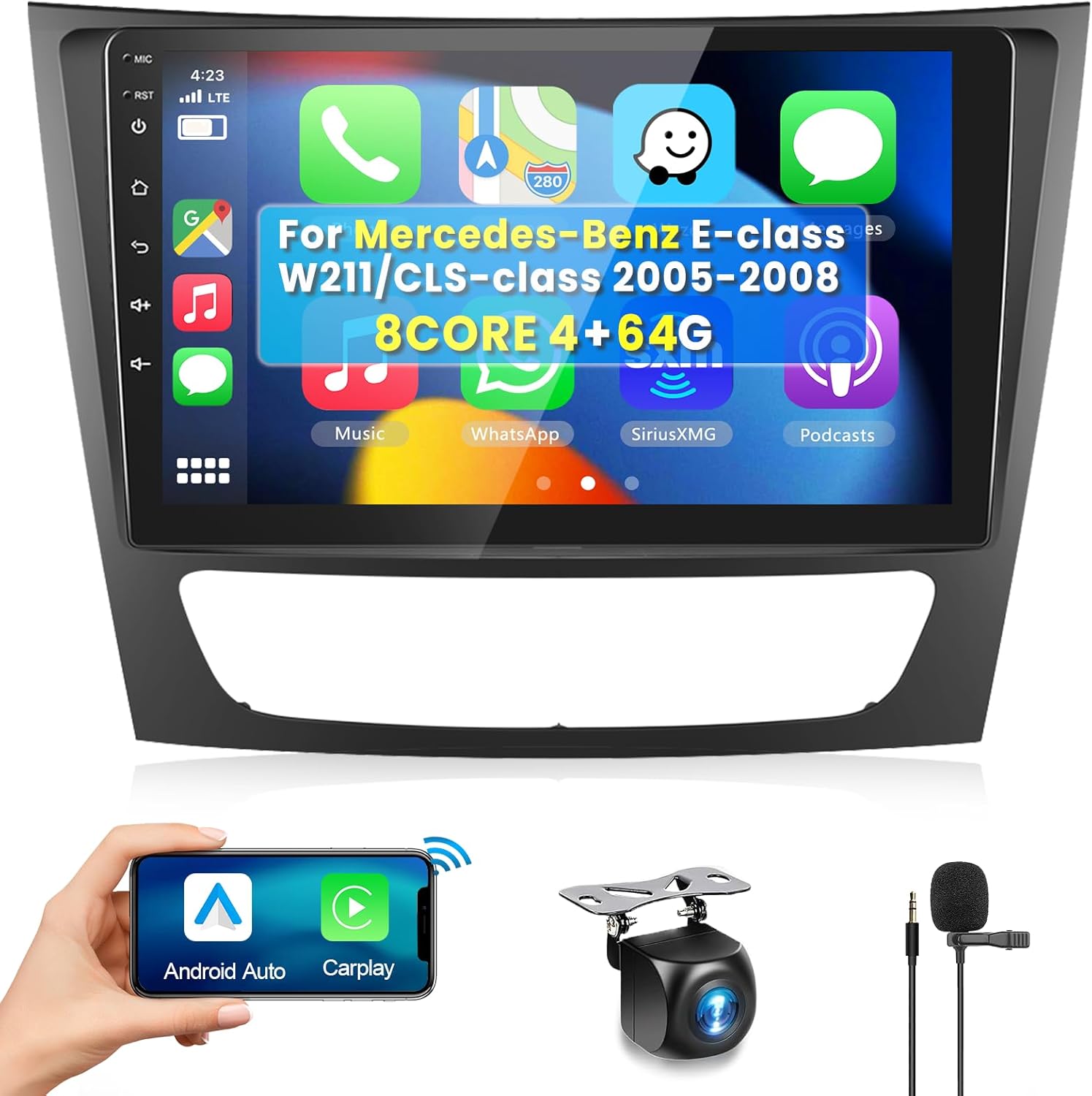 4+64G 8 CORE Car Stereo Radio for Mercedes Benz E Class W211 E200 CLS W219 2002-2009, Wireless CarPlay/Android Auto 9 Inch 1280*720P IPS Touch Screen Android 13 GPS WiFi Bluetooth 32-band DSP Camera