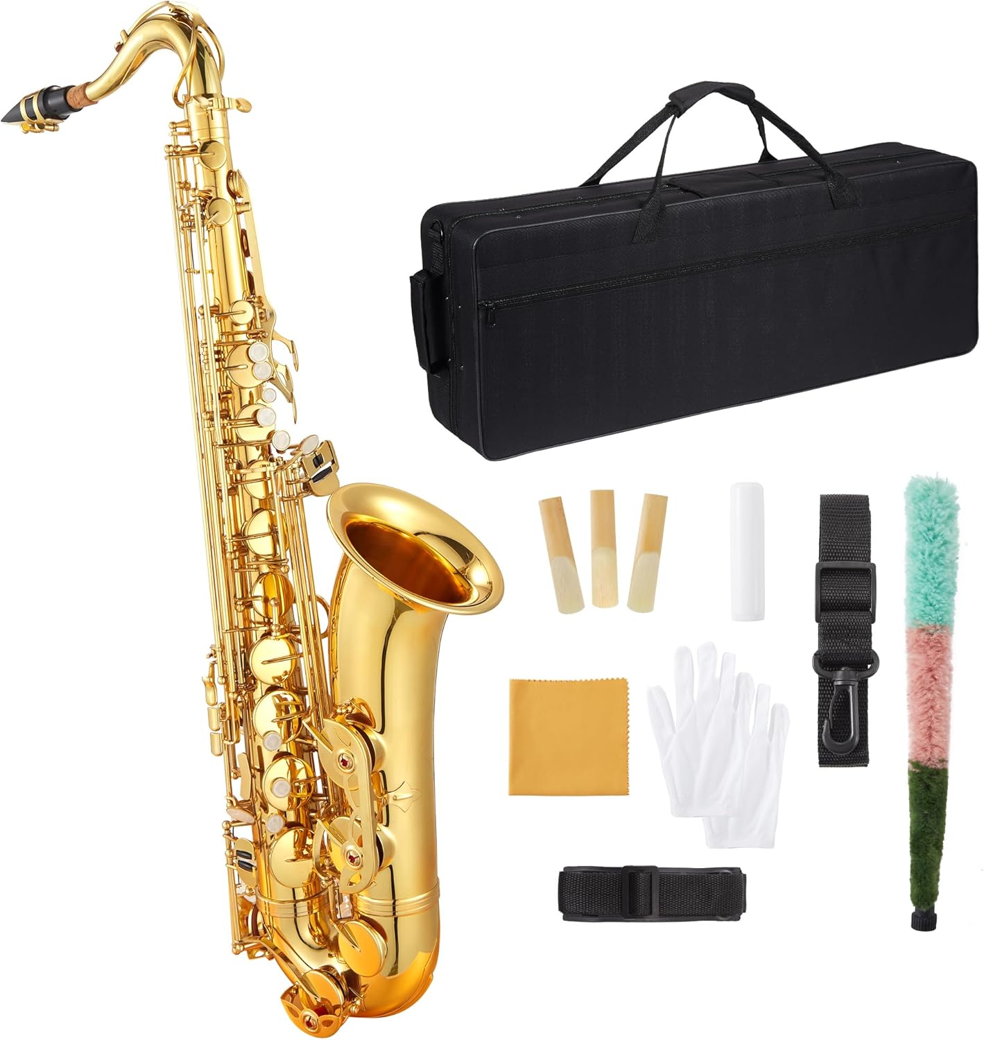 Senfot Brass Bb Tenor Saxophone Set with Case, Cork Grease, Cloth, Shoukder and Leather Neck Strap, Brush, Gloves, Reed; Create a Real and Clear Sound for Beginners and Performances