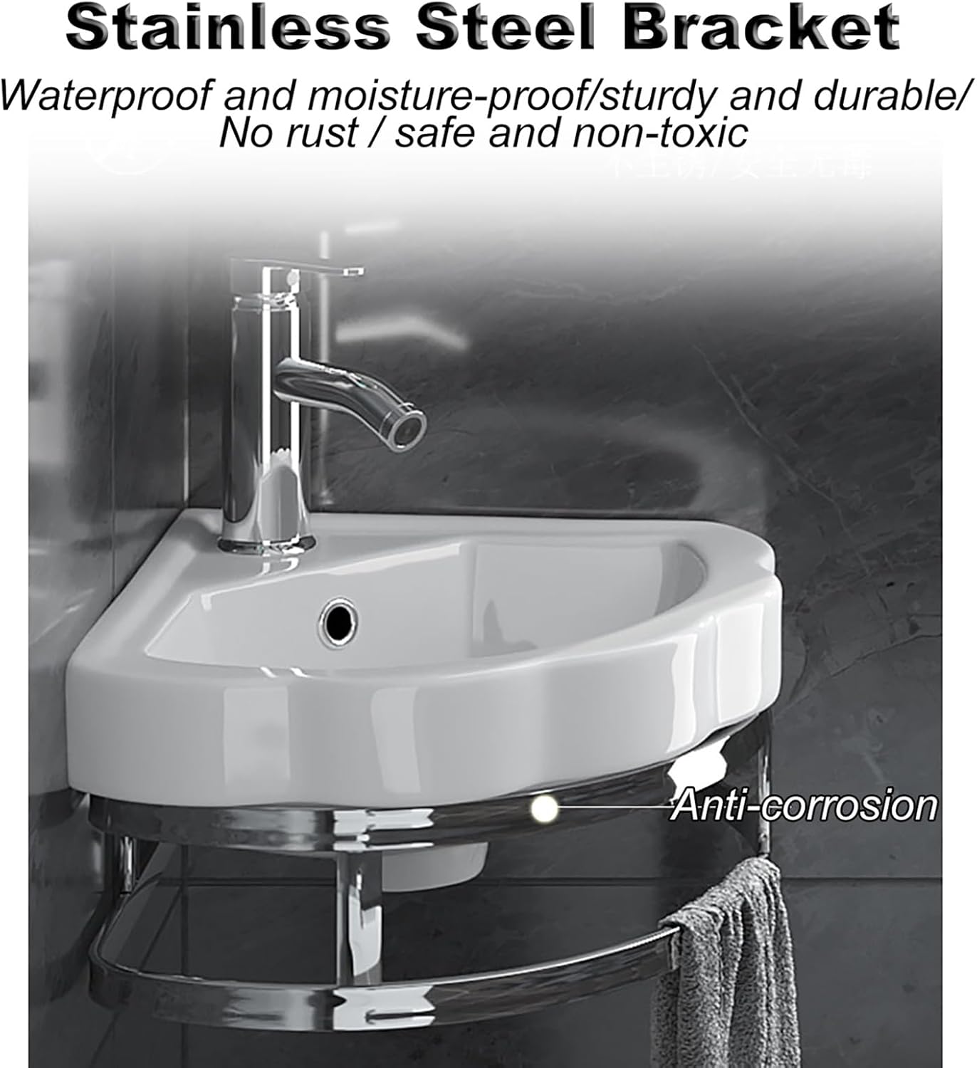 Bathroom Corner Wall Mount Sink Porcelain Ceramic Wall Mounted Bathroom Vessel Sink Wall Mount White Triangle Porcelain Ceramic with Faucet Drain Towel Bar for Small Bathroom Cloakroom.