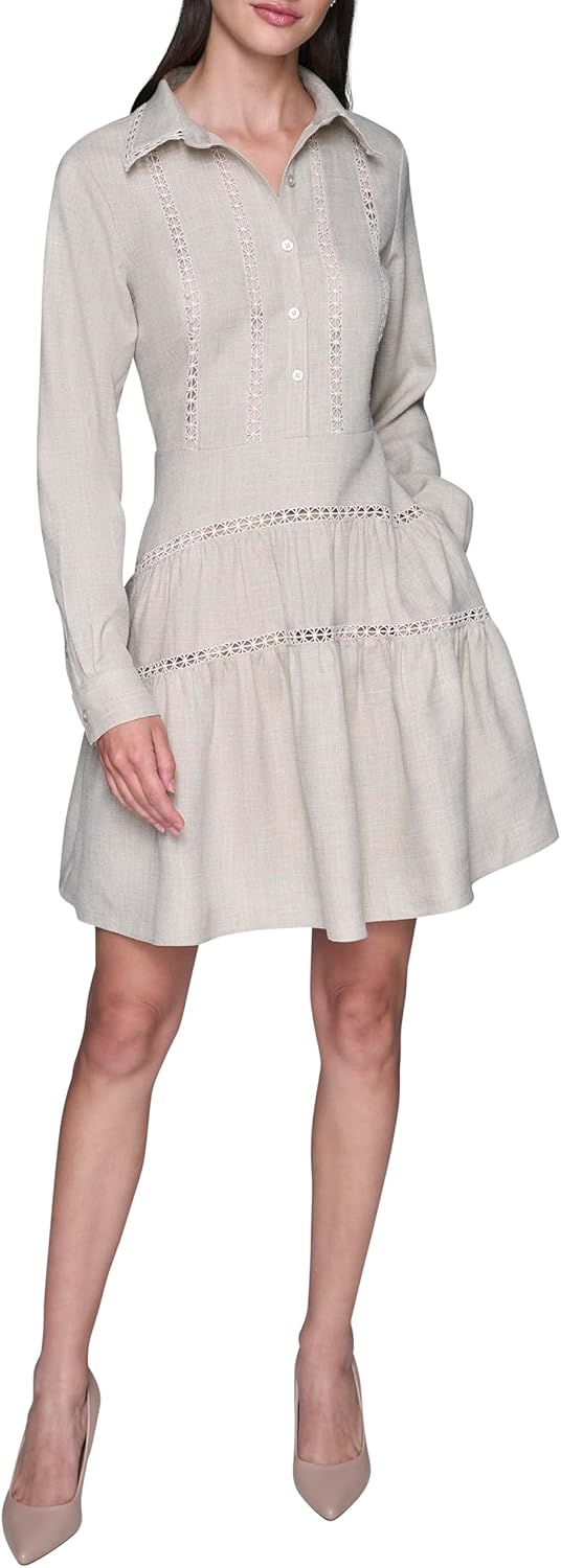 Karl Lagerfeld Women's Long Sleeve Collared Faux Linen Lace Trim Tiered Dress