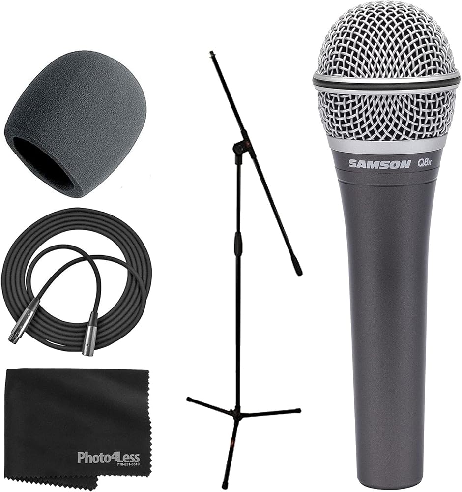 SAMSON Q8x Dynamic Supercardiod Handheld Microphone, Foam Windscreen, Tripod Base Mic Stand, Mic Cable, Cloth