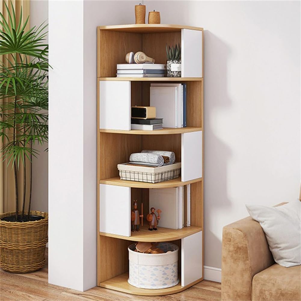KWOKING Urban Shelf Bookcase Engineered Wood Book Shelf Study Room Bookshelf Landing Home Living Room Corner Bookcase Bedroom Narrow Slit Storage Cabinet Storage Rack Yellow White 16