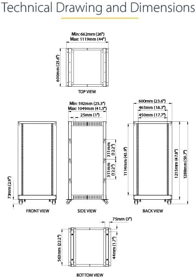StarTech.com 4-Post 25U Mobile Open Frame Server Rack, 19in Network Rack with Wheels, Rolling Rack for Computer/AV/Data/IT Equipment - Casters, Leveling Feet or Floor Mounting (4POSTRACK25U)