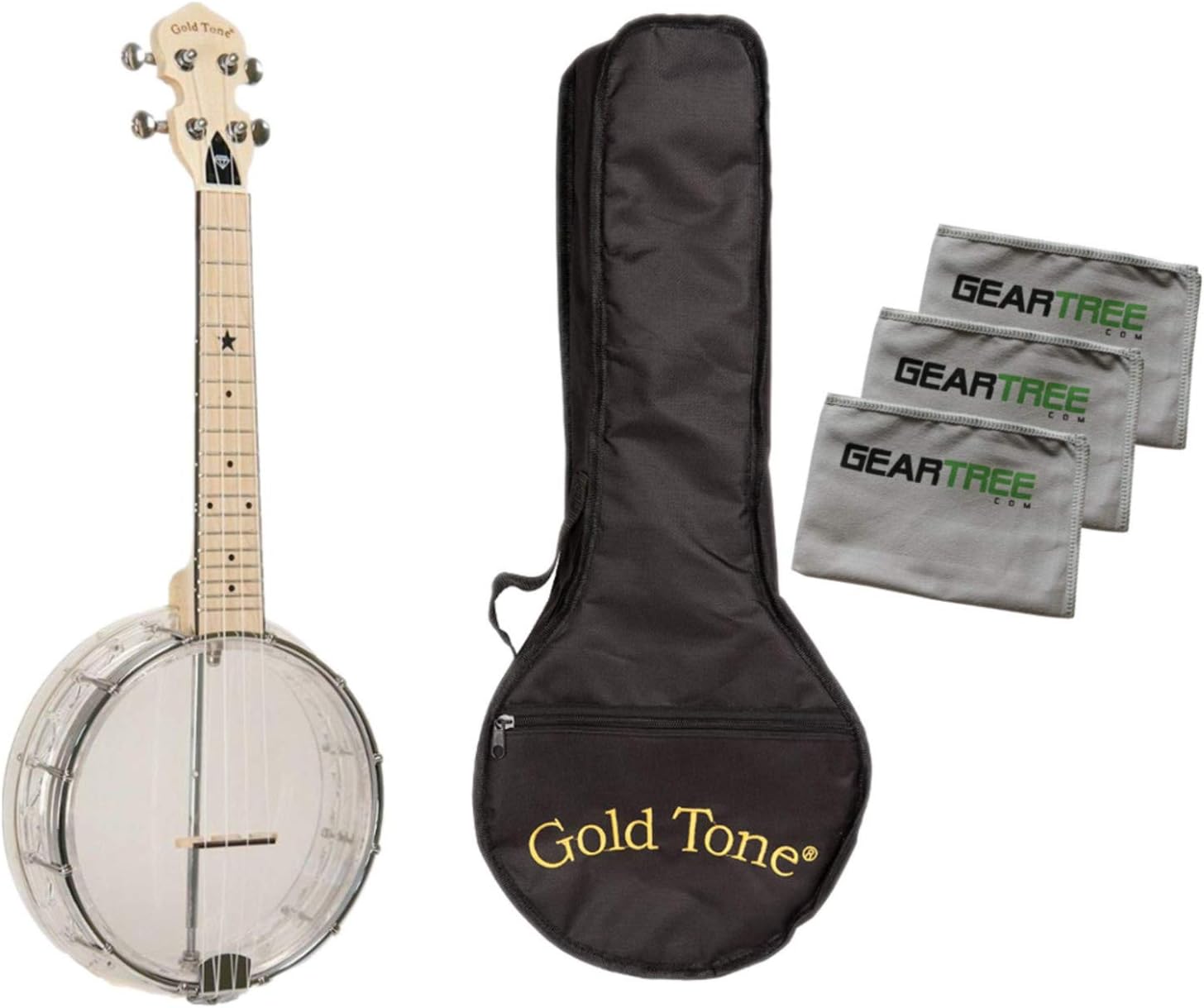 Gold Tone Little Gem Diamond Banjo Ukulele Bundle w/Bag & Cloth Pack