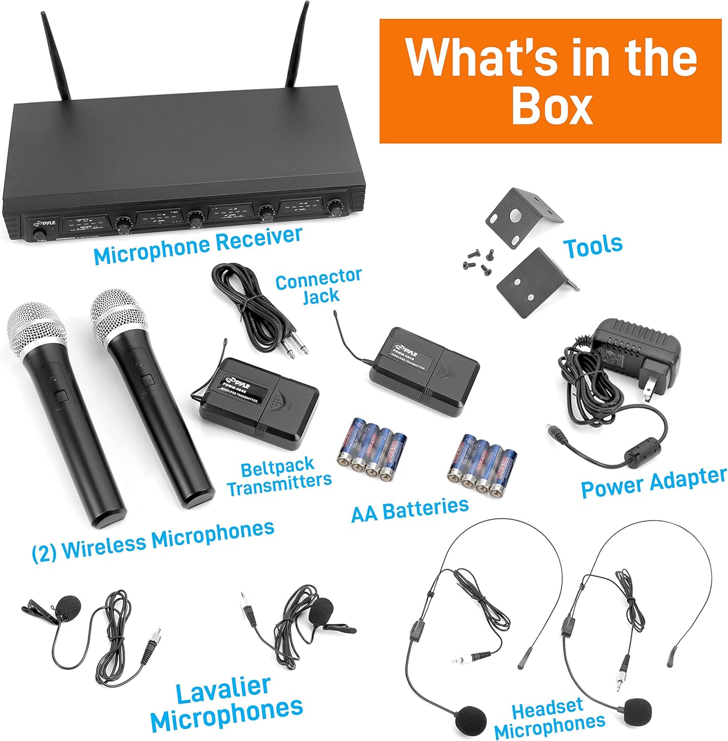 Pyle 4 Channel Wireless Microphone System - Portable UHF Audio Mic Set with 2 Handheld, 2 Headset, 2 Lavalier Mics, 2 Transmitter, 8 'AA' Battery, Power Adapter - For Karaoke, PA, DJ - Pyle PDWM4540