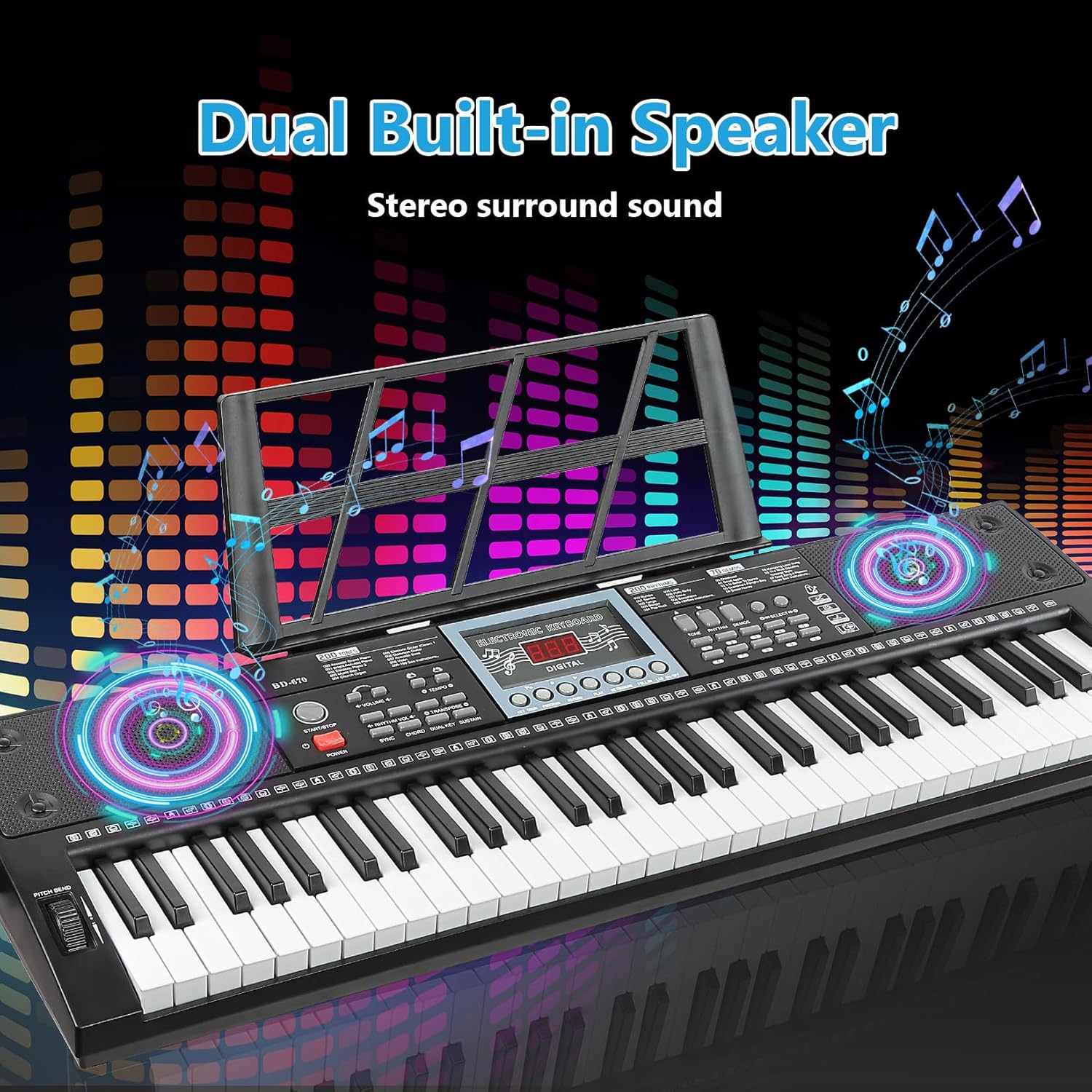 61 Key Keyboard Piano for Beginners w/Stand Bench, Dual Power Mode, Lighted Keys in Follow Mode, 70 Demos, 200 Tones/Rhythms, Pitch Bend Metronome Sustain Sync Chord Dual Key Key Drum Program