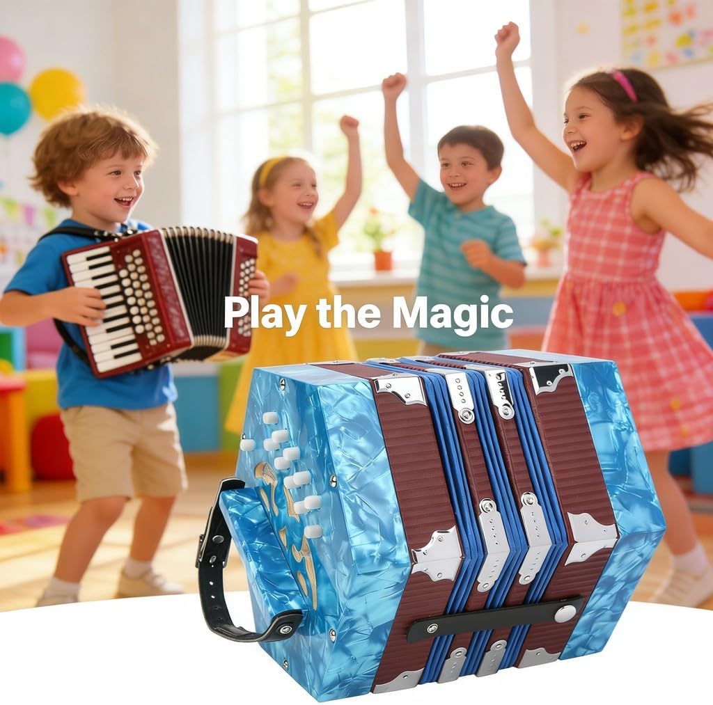 Mini 17 - Key Anglo Concertina Accordion for Adults and Beginners, Blue Portable Wooden Squeeze Box - Adjustable Strap, Lightweight, for Zydeco and Folk Music (Blue)