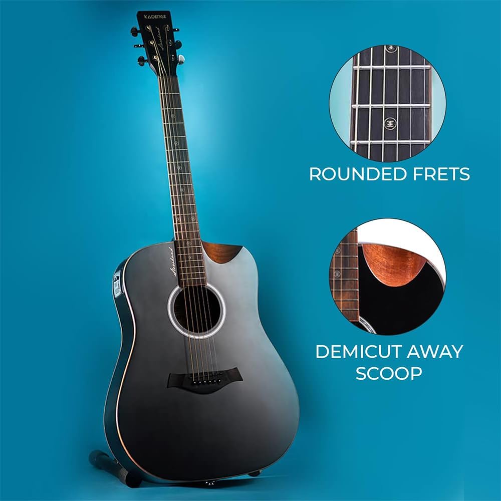 Kadence Slowhand Jumbo Semi Acoustic Guitar(Sh04) – Premium Black Spruce Wood with Heavy Padded Bag, Guitar Cable, Pro Capo, Set Of Strings, Picks with Learning Course