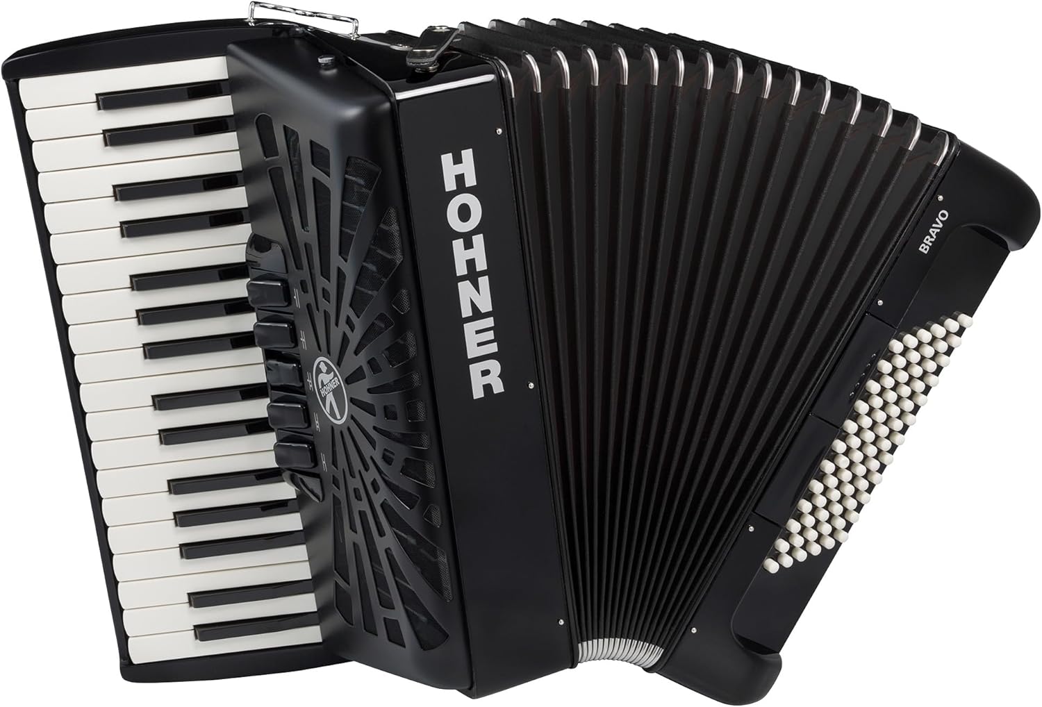 Hohner Bravo III 72 Chromatic Piano Key Accordion - Black Bundle with Gig Bag, Stand, Adjustable Straps, and Austin Bazaar Polishing cloth