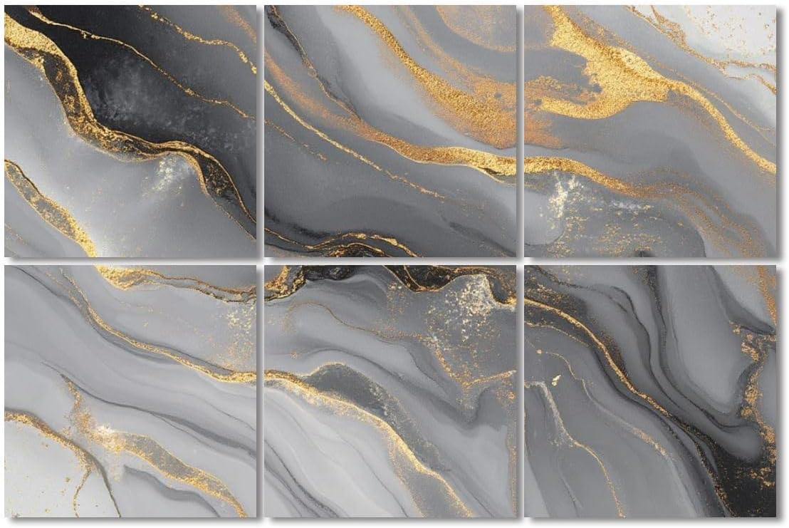 6 Pack Art Acoustic Panels Sound Absorbing Gray Gold Marble Tones Accents Soft Flowing Lines Smooth Texture Decorative Soundproof Wall Panels Self Adhesive for Recording Studios Office 72