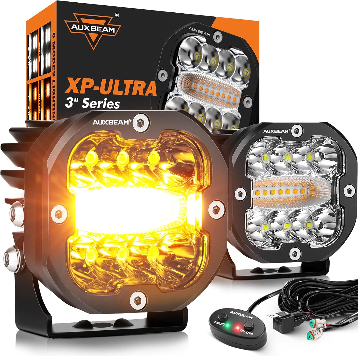 Auxbeam 6 Modes Amber White LED Pods XP-Ultra Series 3 Inch 96W Dual Color Offroad Strobe Lights Spot Flood Combo Amber Ditch Lights Flashing Warning Emergency LED Cubes, Pair