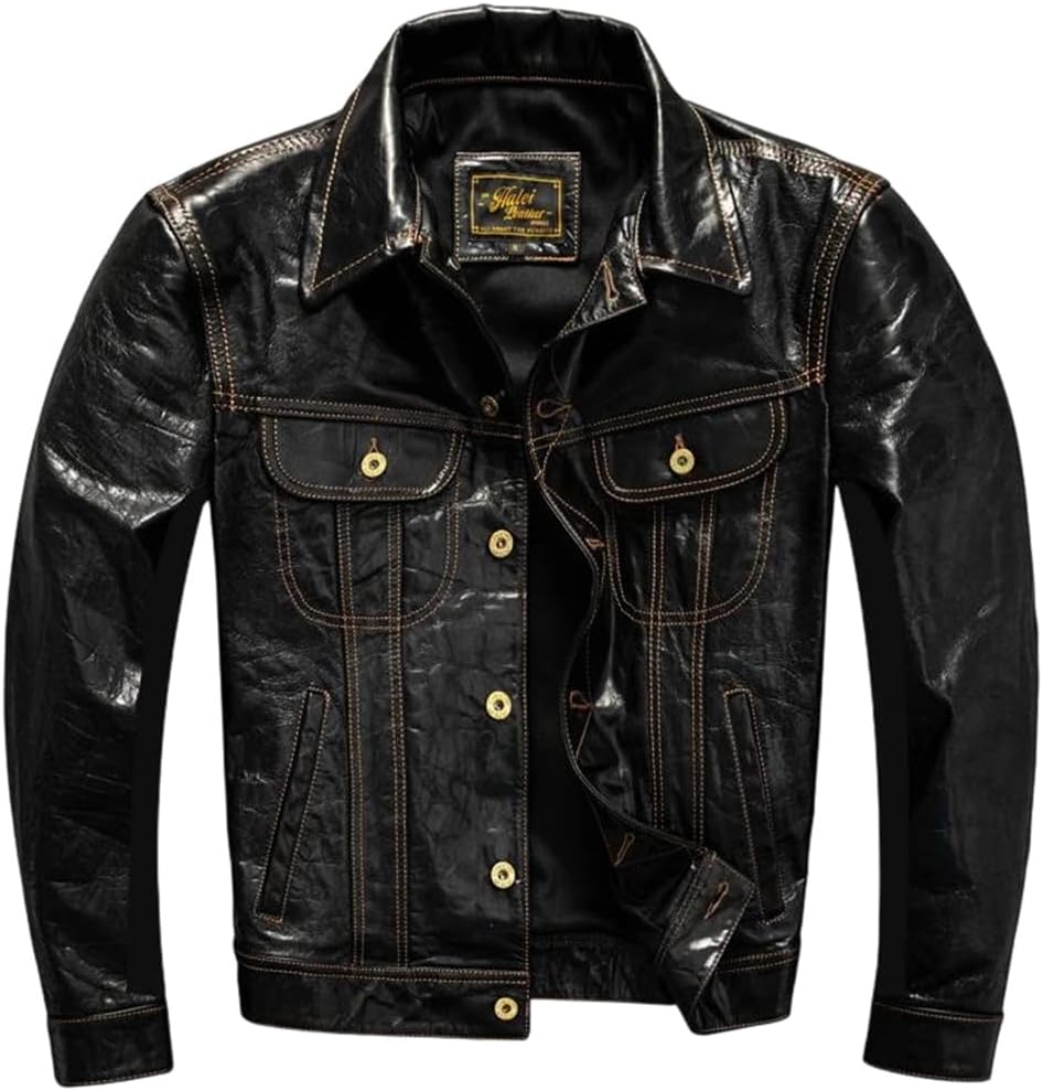 Men England Genuine Natural Sheepskin Single Breasted Denim Black Spring Leather Jacket Coat