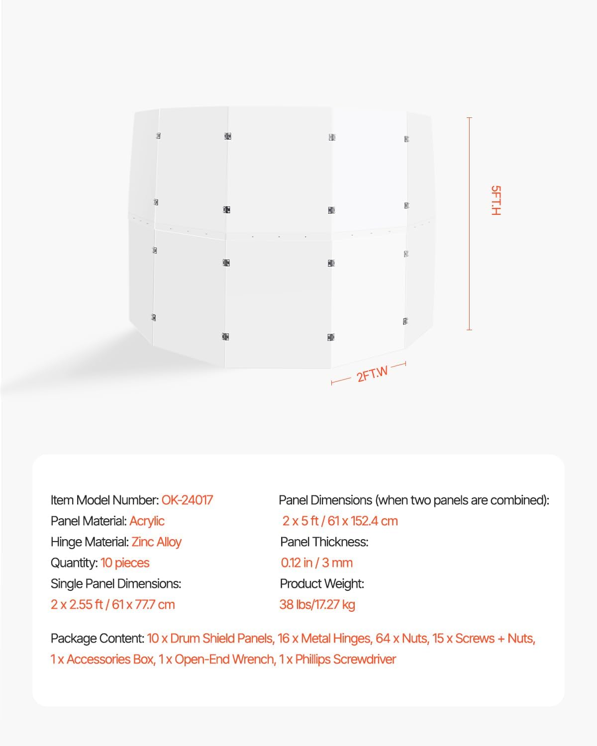 VEVOR 5 Panel 2 ft x 5 ft Portable Acrylic Drum Shield with Zinc Alloy Hinges for Church Concert Halls Music Festivals, Drum Sound Barrier Suitable for Practice Performance