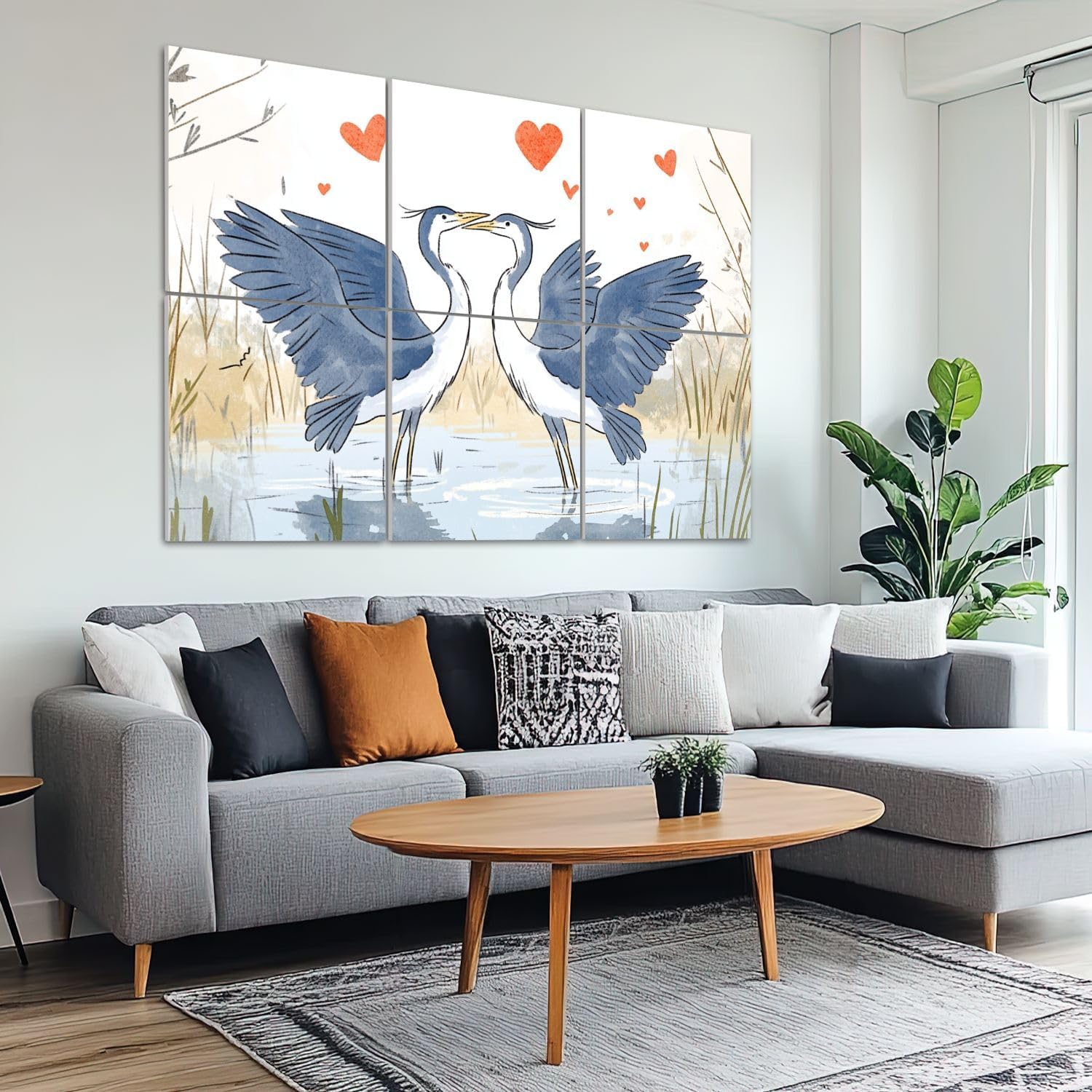 6 Pack Art Acoustic Panels Sound Absorbing Couple Coastal Crane Love Birds Two Cranes Water Grass Hearts Romantic Decorative Soundproof Wall Panels Self Adhesive for Recording Studios Office 72