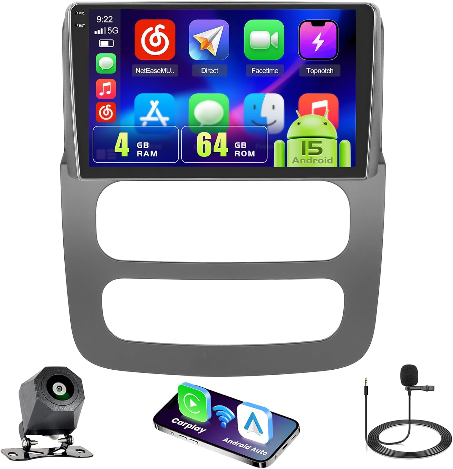 [4+64GB] Android 15 Car Radio for Dodge RAM 1500/2500/3500 2002-2005 with Wireless Carplay/Android Auto, 9 Inch HD Touchscreen Car Stereo with GPS Bluetooth WiFi FM/RDS EQ SWC Backup Camera