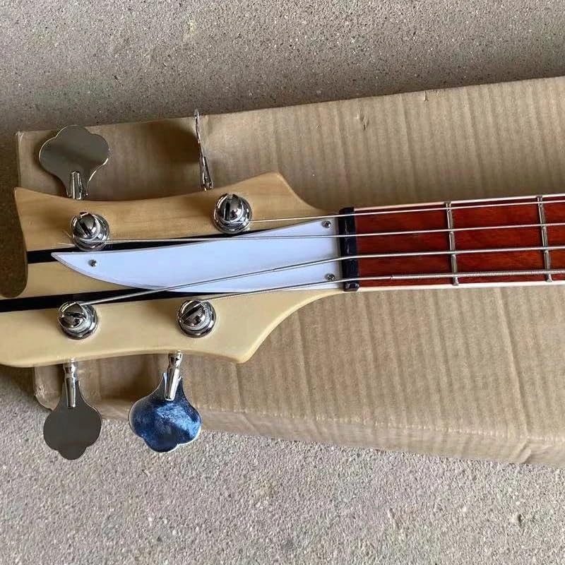 4-String Electric Bass Guitar - Natural Gloss Finish with Burl Maple Top, 20-Fret Rosewood Fretboard