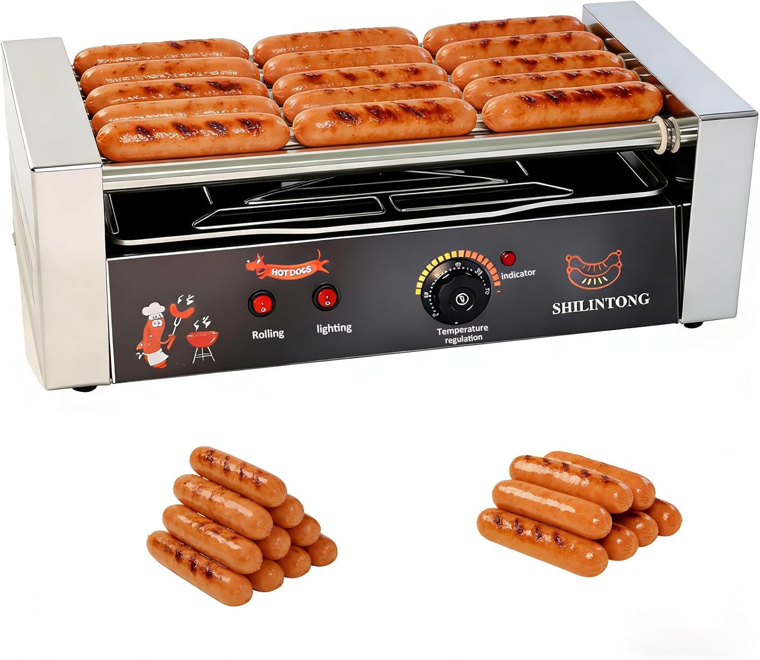 Commercial Hot Dog Roller Machine - 5 Roller Electric Grill with 16 Hot Dog Capacity, 750W Stainless Steel, Removable Drip Tray